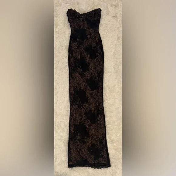 NEW House Of Cb Lucienne Strapless Stretch Lace Black Gown Sz XS